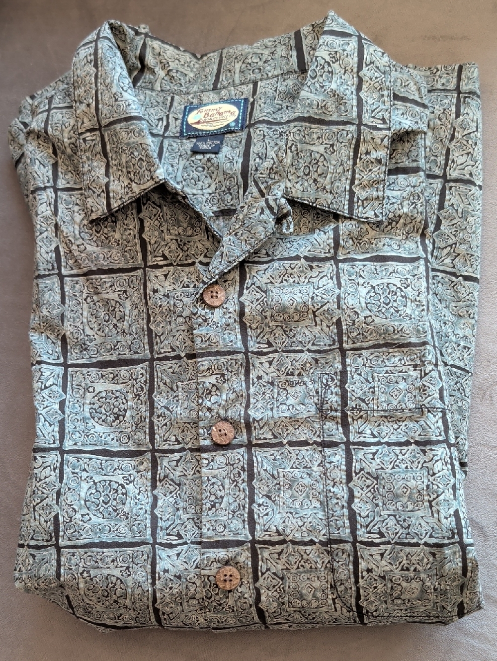 Tommy Bahama Men's L Camp Shirt Cotton Geometric Block Print Coconut Buttons